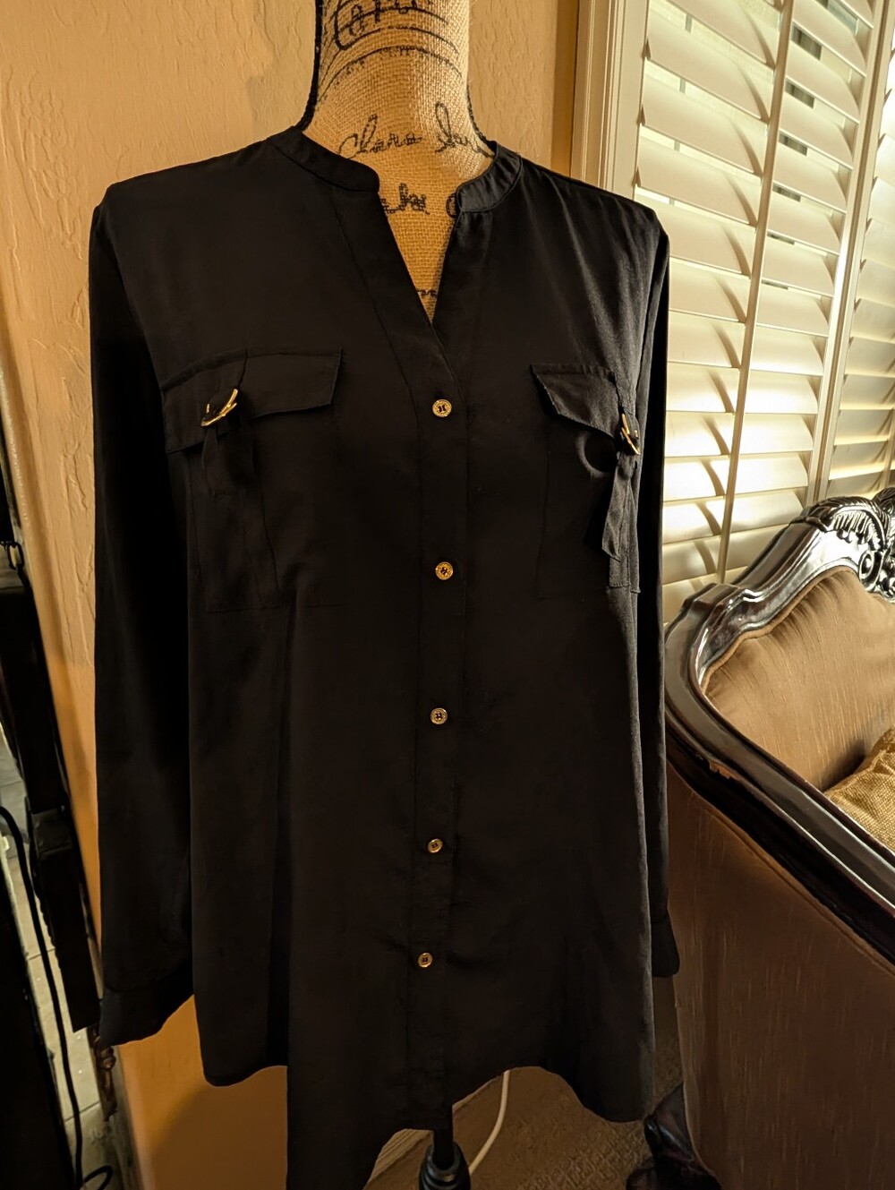 Calvin Klein Classic Black Button-Front Blouse with Pocket Detail